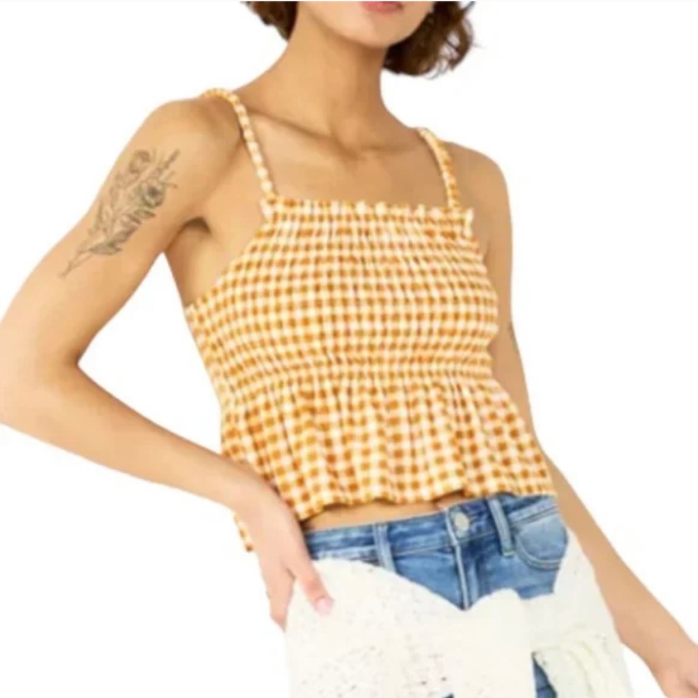 Elegant gold gingham smocked peplum tank